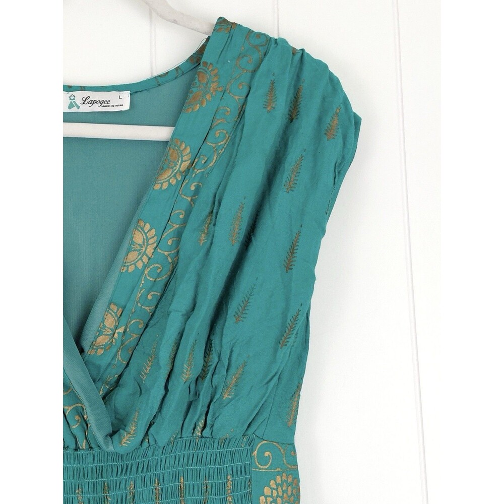 Lapogee Emerald Green & Gold 100% Indian Rayon Flowy Boho Maxi Dress Size Large - Picture 3 of 8